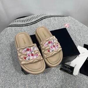 Chanel Beige Embellished Slides
